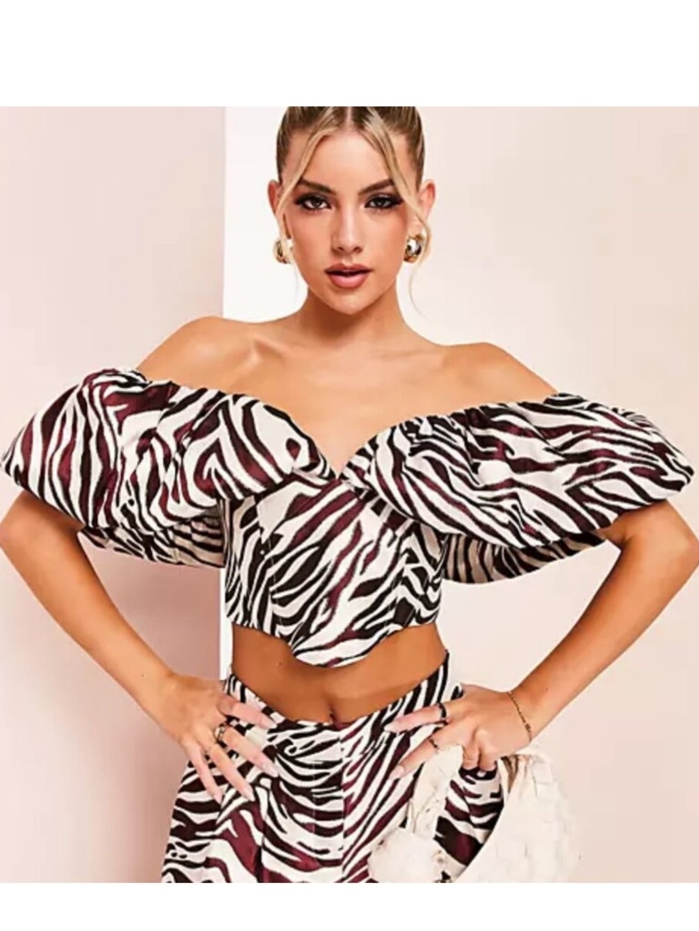 ASOS Zebra Print Off-Shoulder Puff Crop Top - Burgundy & Cream